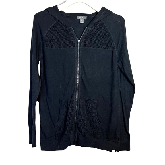 Eddie Bauer Casual Black Hooded Full Zip Up Sweater Jacket Size Large - Picture 3 of 17